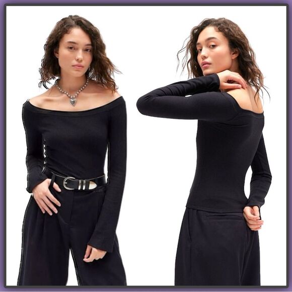 BDG Stella Boatneck Waffle knit Long Sleeve Tee Black - Picture 16 of 16